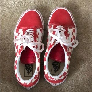 Red checkered lace up vans